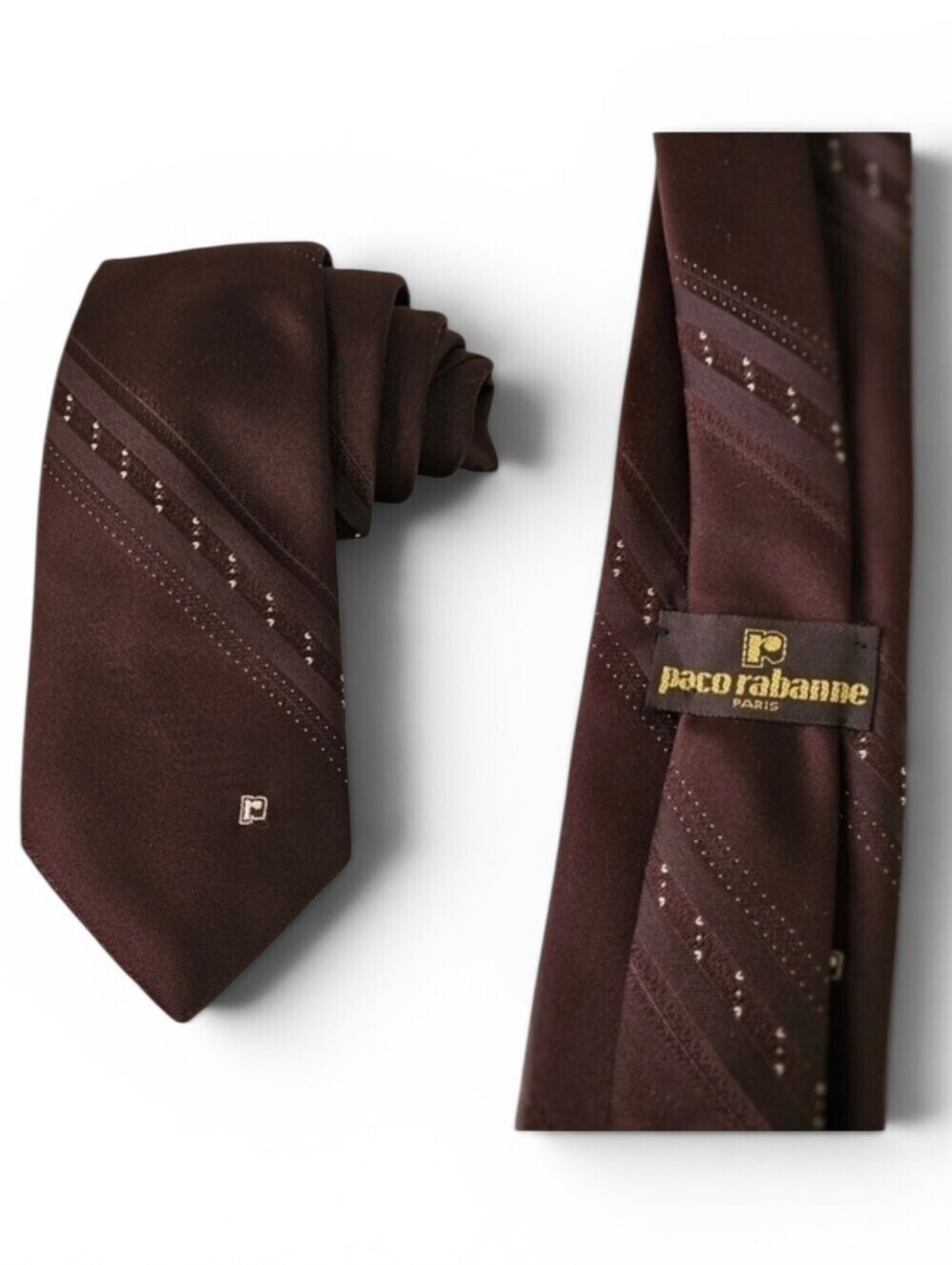 Paco Rabanne Paris Embroidered Vintage Monogram Necktie in Umber Brown and Tan